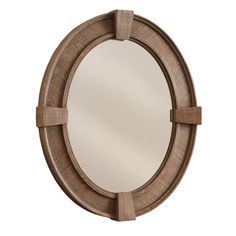 an oval mirror with wooden frame and straps around the edges, on a white background