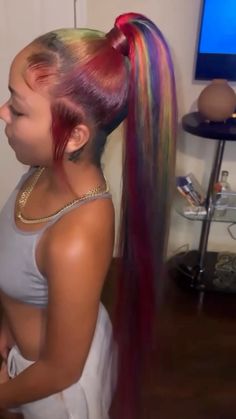 @ dats_dynamite Purple Sleek Ponytail, Mixed Colors Braids, Vacay Hairstyles, Purple Ponytail, Colorful Ponytail, Curly Hair Sew In, Pregnancy Prayer, Hair Dye Videos, Barbie Ponytail