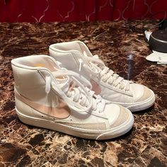 Brand New, Never Wore, Great Condition Nike High-top Sneakers For Spring, White High-top Sneakers With Round Toe For Spring, White Sneakers With Speckled Midsole For Spring, Pink Nike Blazers, Nike Shoes White, Nike Blazers, White Nike Shoes, Pink Nike, Pink Nikes