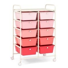 a white cart with pink and red bins on it's sides, against a white background