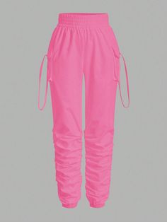 Hot Pink Casual Collar  Woven Fabric Plain Jogger Embellished Non-Stretch  Women Clothing High Waist Cargo Pants, Waist Cargo Pants, Women Pants, Cargo Pants, Women Clothing, Woven Fabric, Hot Pink, High Waist, Solid Color