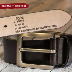 Celebrate the special men in your life with our Personalized Engraved Leather Belt. This custom belt is more than just an anniversary gift; it's a heartfelt gesture that adds a personal touch to every outfit. Crafted from genuine leather, this engraved belt makes for a timeless and durable piece. The custom engraving allows you to add a personal message or a special date, making it an ideal anniversary or Valentine's Day gift. Whether it's for your husband, boyfriend, or father, this personalize Black Leather Belt Buckles As Gift, Custom Belt, Gift For Husband, Personalized Leather, Personal Message, Gifts For Husband, Black Belt, Custom Engraving, To Do List