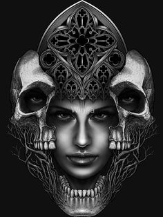 a woman's face with skulls and flowers on her head, in black and white