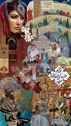 a collage with many different pictures and words on it, including an image of a woman