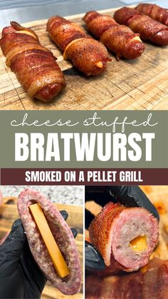 Three-image collage of pellet smoked cheese stuffed bratwursts. Cheese Stuffed Brats, Stuffed Brats, Bacon Wrapped Brats, Tailgate Appetizers, Bacon Wrapped Cheese, Bratwurst Sausage, Sausage Casing, Block Of Cheese