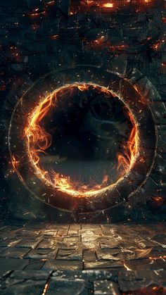 an image of a fire ring in the middle of a room with bricks on it