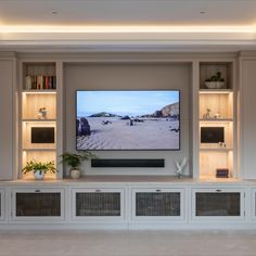 Custom-made media wall for Buckinghamshire home Night House, Integrated Lighting, Wall Unit Designs, Media Room Design, Tv Room Design, Living Room Decor Fireplace