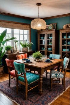 a dining room with blue walls and wooden table surrounded by colorful upholstered chairs