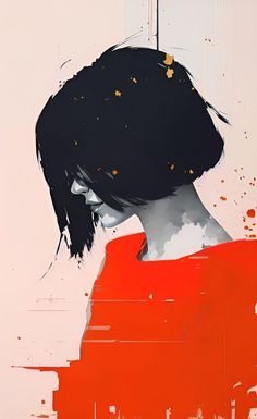 an abstract painting of a woman's head with red and black paint splattered on it