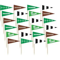 a bunch of green and brown pennants with numbers on them, all in different colors