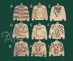 six wooden ornaments with designs on them and the words abc, d, e, f, g