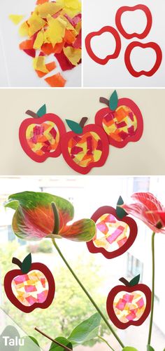 an apple craft made out of paper and cut into pieces with the words apples on it