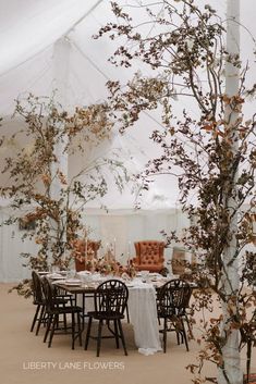 an outdoor tent with tables and chairs set up for a wedding reception under a canopy