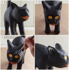 four pictures showing how to make a black cat figurine with eyes and ears