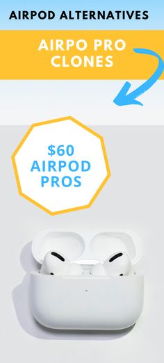 an advertisement for airpods with the price tag above it and below it, there are two