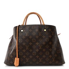 This is an authentic LOUIS VUITTON Monogram Montaigne GM. This handbag is crafted of Louis Vuitton monogram toile canvas in brown. The bag features rolled vachetta leather top handles, a central zipper compartment, and polished gold hardware. The top is open to a partitioned plum purple microfiber interior with flat pockets. Luxury Monogram Canvas Satchel With Leather Handles, Leather Bags With Rolled Handles For Everyday Luxury, Monogram Canvas Satchel With Leather Handles For Daily Use, Daily Use Monogram Canvas Satchel With Leather Handles, Brown Coated Canvas Bag For Everyday Luxury, Classic Monogram Canvas Satchel Tote, Luxury Satchel With Leather Handles And Coated Canvas, Classic Monogram Canvas Tote Satchel, Brown Designer Bag With Rolled Handles