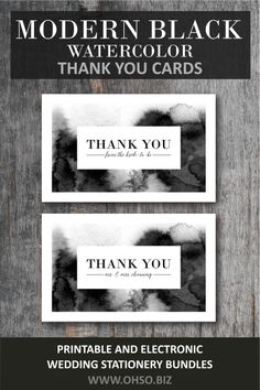 modern black and white watercolor thank you cards - printable wedding stationery bundle