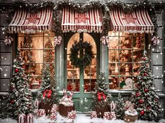 a store front with christmas decorations and wreaths on it's windows sill