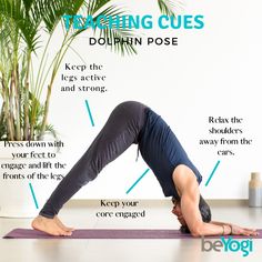 a woman doing yoga poses in front of a potted plant with instructions on how to do it