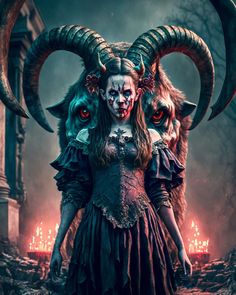 an image of a woman with horns and demon makeup on her face, standing next to two