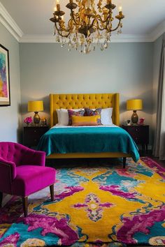 a bedroom with a yellow bed, purple chair and chandelier hanging from the ceiling