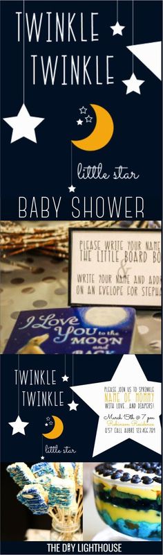 the twinkie twinkle baby shower sign is shown with stars and crescents on it