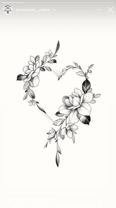 a black and white drawing of flowers in the shape of a heart