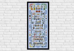 a poster hanging on the side of a brick wall with different types of food and drinks