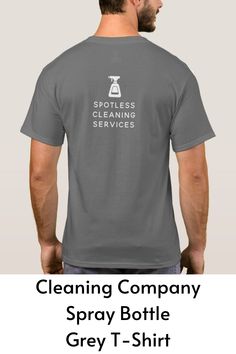 a man wearing a gray cleaning company t - shirt