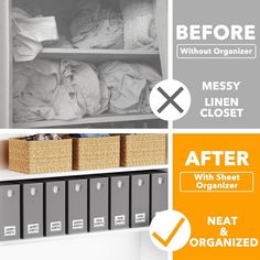 an organized closet with linens and other items to keep the clothes dryer clean