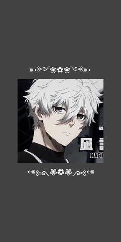 an anime character with white hair and black eyes, in front of a gray background