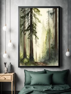 a painting hanging on the wall above a bed in a room with green sheets and pillows