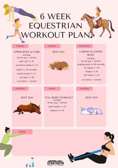 the six week equestrian workout plan is shown in this graphic style, and includes exercises for horses