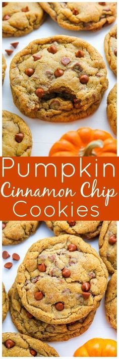 pumpkin cinnamon chip cookies are stacked on top of each other, with the title overlay