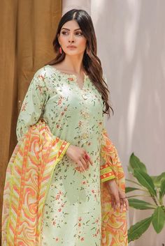 Printed Cambric Front EMB Right & Left Front Motif Printed Cambric Back Printed Cambric Sleeves Crystal Slub Dupatta Cambric Trouser Color: Pistachio Pistachio, 3 Piece, Latest Fashion, Trousers