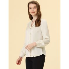 Complete your chic style with this satin button-up shirt. This satin button-up shirt features button cuffs and a notch collar perfectly. Pair it with jeans and work pants for your casual chic look. To create an elegant image with a classic design. Look smart and classic in this shirt finished with solid color fabric. With shiny and smooth fabric, this satin shirt makes you look elegant and romantic. Satin Button Down Shirt, Satin Button Up, Blouse Long Sleeve, Satin Shirt, Notch Collar, Color Fabric, Collar Blouse, Work Office, Long Blouse