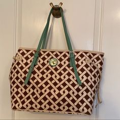 Spartina 449 Bag Tote Shopper Brown Cream Ivory Natural Linen With Soft Green Color Leather Straps Preppy Organize Travel Clip Top Close; Side Cinches Interior Front Has 3 Slip Pouches Interior Back Has Key Clip & Zipped Pocket With Logo Tag Adjustable Strap Drop As Shown 9” Approx. 11”H X 7”D X 14”-19”L Mermaid On Front Has A Couple Scrapes Palm Leaf Shoulder Bag Tote With Leather Handles, Spartina 449 Handbags, Brown Rectangular Straw Bag With Gold-tone Hardware, Brown Straw Tote Bag With Gold-tone Hardware, Saffiano Leather Shoulder Tote With Gold-tone Hardware, Sergio Rossi Shoes, Soft Green Color, Spartina 449, Black Shoes Heels