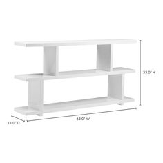 a white shelf is shown with measurements for the top and bottom shelves on each side