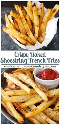 crispy baked shoestring french fries with ketchup on the side and in a bowl