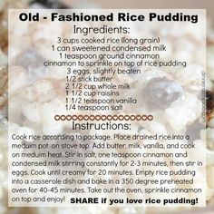 an old fashioned rice pudding recipe with instructions on how to make it in the microwave