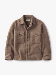 Relaxed field shirt cut from 340 GSM felted merino wool, twice boiled for improved insulation. | Buck Mason Women's Felted Field Shirt Jacket in Marled Deep Khaki, Size Large | Felt East Coast Fashion, Buck Mason, Wool Jackets Women, Raw Denim, Khaki Color, Clothing Essentials, Suit Shop, Cut Shirts, Pair Of Pants