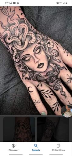 a hand with tattoos on it and an image of a woman's face