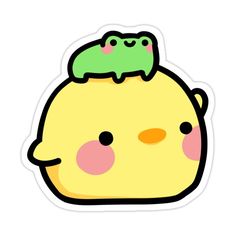 a sticker with an image of a frog on it's head, sitting on top of a piece of fruit