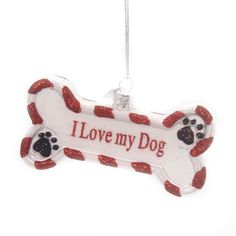 i love my dog ornament with red and white stripes on the bottom, paw prints