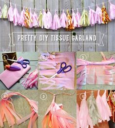 the instructions for how to make pretty tissue garlands with scissors and tassels