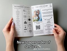 a person is holding up a wedding brochure with the words newspaper order of service