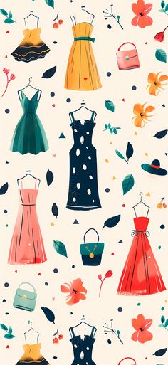 an illustration of dresses and flowers on a white background with blue, pink, orange, yellow, green