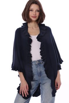 Cashmere Ruffle Shawl - Navy Cashmere Pants, Cashmere Jacket, Cashmere Dress, Cashmere Accessories, Cashmere Shawl, Cashmere Turtleneck, Cotton Cardigan, Collar Sweater, Cashmere Cardigan