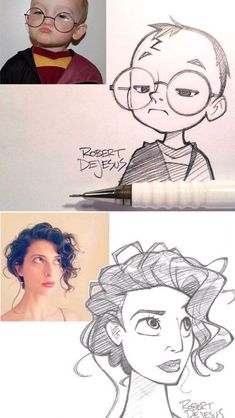 three different drawings of people with glasses and hair