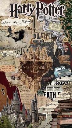 harry potter collage with hogwarts castle, books and other things on it